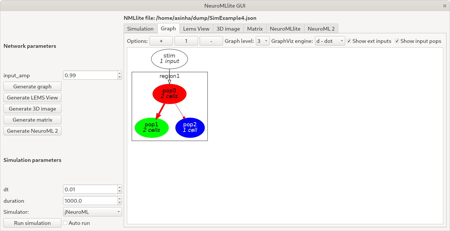 Screenshot of NeuroMLlite UI showing an example simulation.